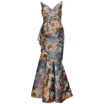 Pre-owned Oscar De La Renta Multicolor Warp Print Gown W/ Gathers In Gray