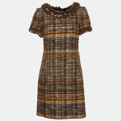 Oscar De La Renta Multicolour Tweed Embellished Mini Dress In Brown