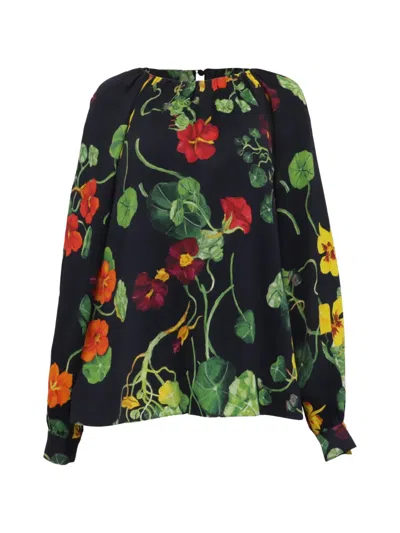 Pre-owned Oscar De La Renta Nasturtium-print Long-sleeves Blouse In Black