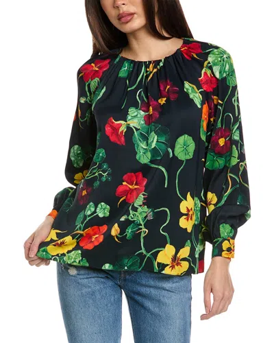 Oscar De La Renta Nasturtium Satin Back Crepe Blouse In Blue