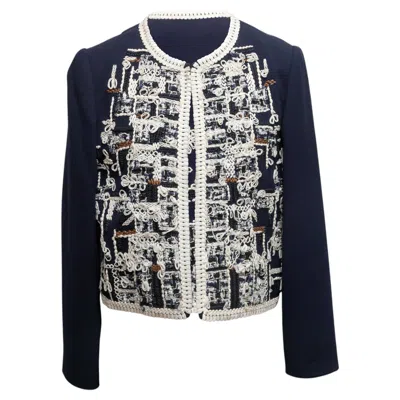 Pre-owned Oscar De La Renta Navy & White  Embroidered Jacket Size Us S