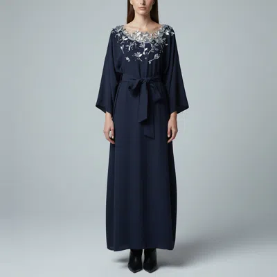 Pre-owned Oscar De La Renta Navy Blue Embellished Stretch Crepe Maxi Dress M