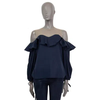 Pre-owned Oscar De La Renta Navy Blue Silk Off Houlder Ruffle Blouse Shirt 2 Xs