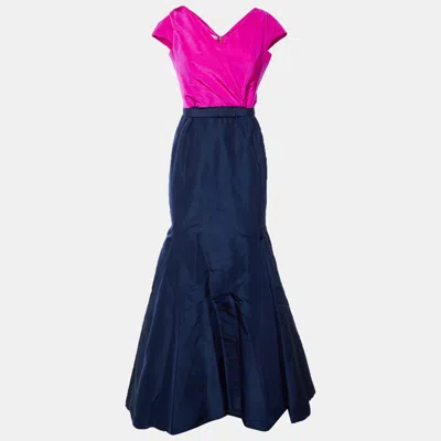 Oscar De La Renta Navy Blue/pink Silk Gabardine Maxi Dress