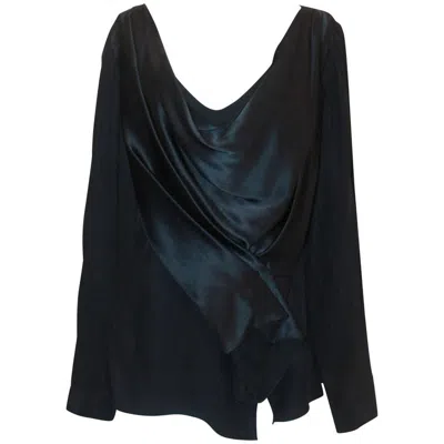 Pre-owned Oscar De La Renta Navy Silk Long Sleeve Blouse - 16 In Blue