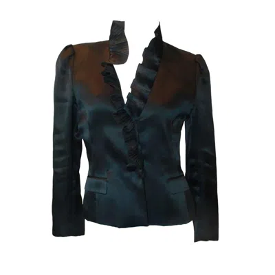 Pre-owned Oscar De La Renta Navy Silk Organza Jacket W/ Pleated Ruffle Collar - 8 In Blue