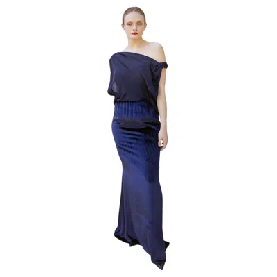 Pre-owned Oscar De La Renta Navy Velvet & Chiffon Gown In Blue