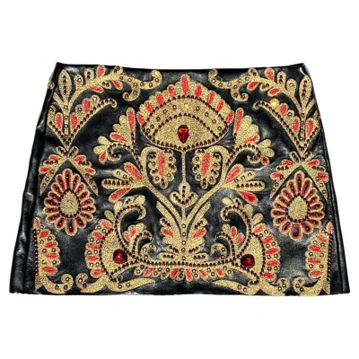 Pre-owned Oscar De La Renta New $3590  Black Leather Embellished Mini Skirt