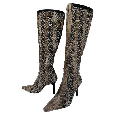 Pre-owned Oscar De La Renta New  Fully Beaded Feather Embellished Knee Boots It 36.5 Us 6.5 In Black