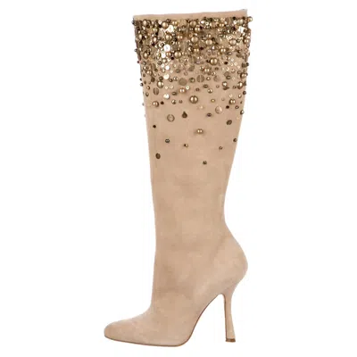 Pre-owned Oscar De La Renta New  *love Ric* Embellished Beige Suede Boots It 36 - Us 6 In Brown