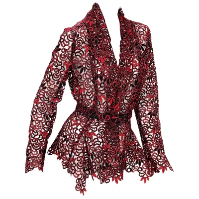 Pre-owned Oscar De La Renta New  Runway F/w 2014 Lace Red Black Jacket Belted Blazer Us 6