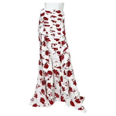 Pre-owned Oscar De La Renta New  S/s 2016 Runway White Burgundy Silk Maxi Skirt