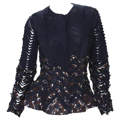 Pre-owned Oscar De La Renta New  Zig-zag Sheer Navy Blue Ribbon Peplum Jacket Us 6