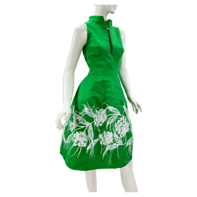 Pre-owned Oscar De La Renta Nwt  $5490 S/s 2015 Green Silk Taffeta Feather Beads Dress Us 6