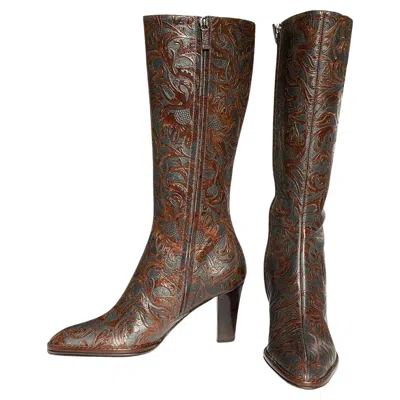 Pre-owned Oscar De La Renta Nwt  Floral Tooled Leather Brown Gray Knee Boots Italian 37