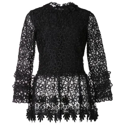 Pre-owned Oscar De La Renta Nwt  F/w 2016 Black Flower Guipure Lace Top Blouse Us 8