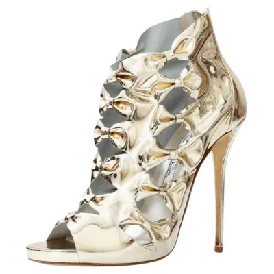 Pre-owned Oscar De La Renta Nwt  Platinum Specchio Leather Talina Bow Sandals Booties It 38