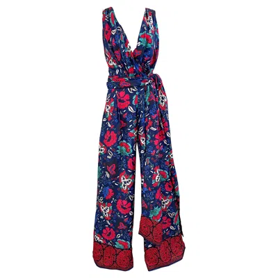 Pre-owned Oscar De La Renta Nwt  Size 8 Silk Wide Leg Navy Blue Red Floral Jumpsuit