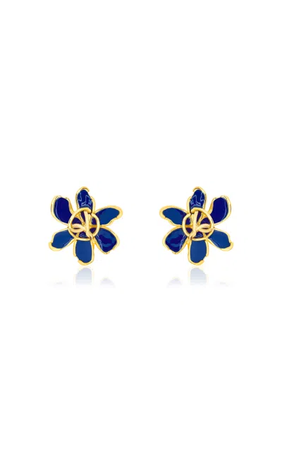 Oscar De La Renta O Enamel Flower Stud Earrings In Navy