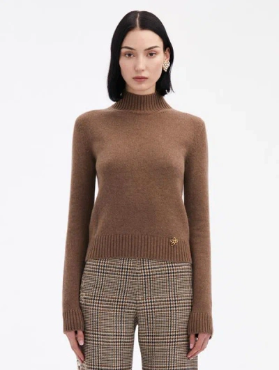 Oscar De La Renta O Flower Mock Neck Cashmere Pullover In Brown