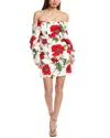 Oscar De La Renta Off-shoulder Draped Poppies Silk-lined Mini Dress In White