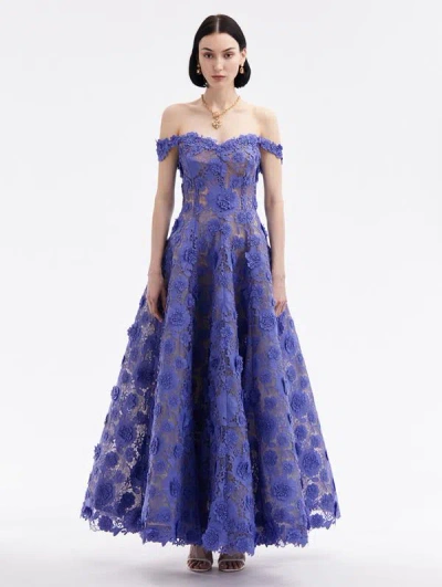 Oscar De La Renta Off Shoulder Floral Guipure Gown In Crocus