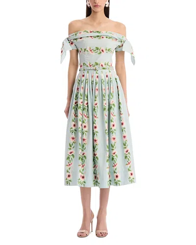Oscar De La Renta Off Shoulder Hibiscus Stripes Poplin Day Dress In Green