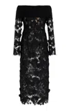 Oscar De La Renta Off Shoulder Orchid Guipure & Knit Dress In Black