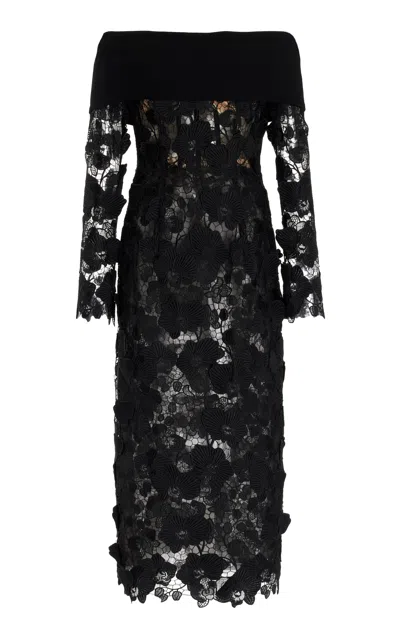 Oscar De La Renta Off Shoulder Orchid Guipure & Knit Dress In Black
