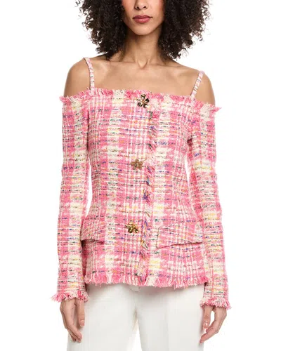 Oscar De La Renta Off-shoulder Silk-lined Wool-blend Top In Pink