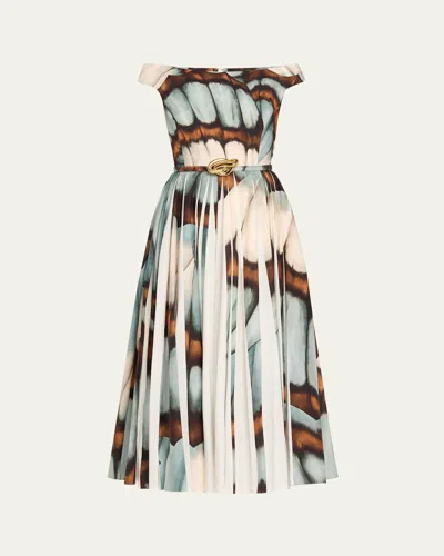 Oscar De La Renta Off-the-shoulder Butterfly Poplin Pleated Midi Dress With Belt