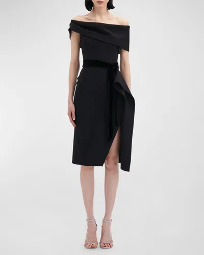 Oscar De La Renta Ribbon-detailed Off Shoulder Cocktail Dress In Black