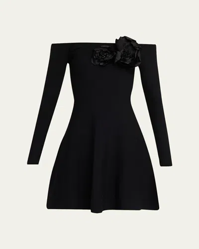 Oscar De La Renta Off-the-shoulder Flower Applique Long-sleeve Knit Mini Dress In Black