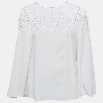 Pre-owned Oscar De La Renta Off-white Embellished Silk Cape Detail Top S