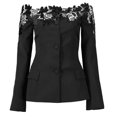 Pre-owned Oscar De La Renta Off-shoulder Velvet Guipure Lace Blazer Size Us 12 In Black