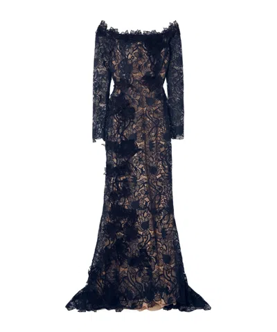 Oscar De La Renta Off-the-shoulder Appliquéd Guipure Lace Gown In Blue