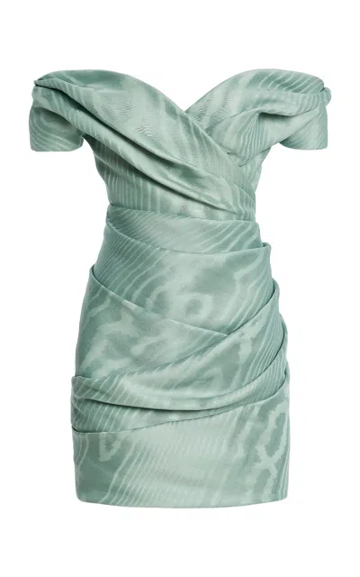 Oscar De La Renta Off-the-shoulder Moire Silk Gazar Cocktail Dress In Green
