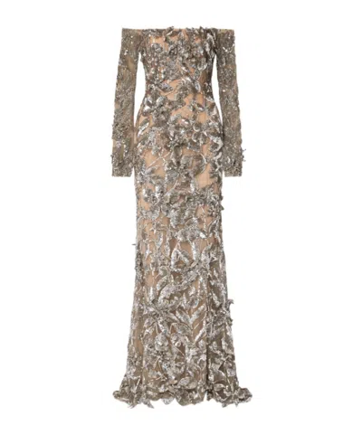 Oscar De La Renta Off-the-shoulder Sequined Tulle Gown In Gray