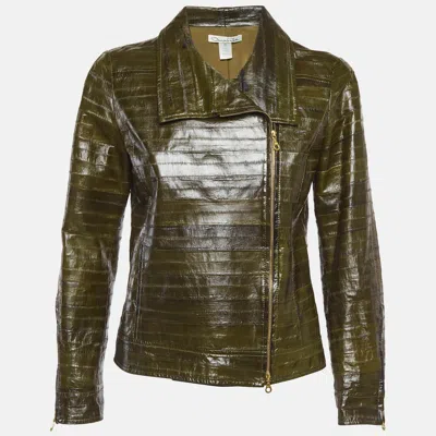 Pre-owned Oscar De La Renta Olive Green Eel Leather Jacket M
