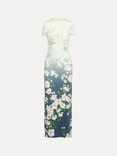 Oscar De La Renta Short Sleeve Cherry Blossom Jersey Dress In Navy