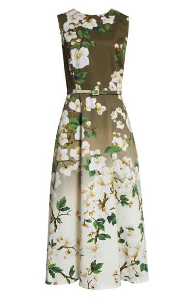 OSCAR DE LA RENTA OSCAR DE LA RENTA OMBRÉ CHERRY BLOSSOM BELTED POPLIN MIDI DRESS