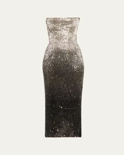 Oscar De La Renta Ombre Crystal Strapless Midi Dress In Gold