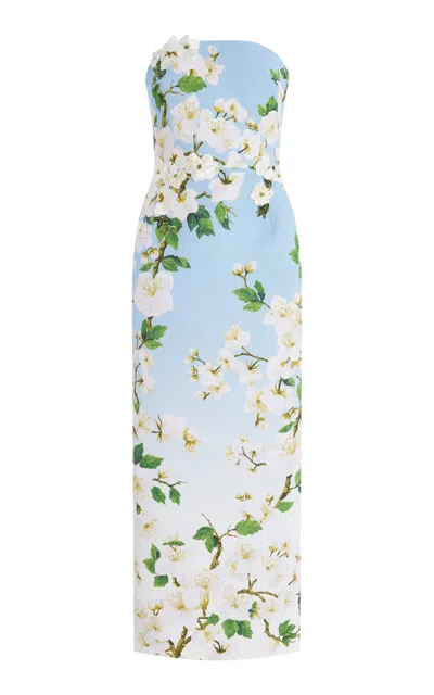 Oscar De La Renta Ombré Embroidered Silk Gown In Light Blue