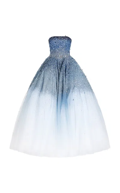 Oscar De La Renta Ombré Sequined Tulle Gown In Blue