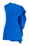 Oscar De La Renta One Shoulder Cape Detail  Stretch Wool Dress In Lapis