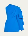 Oscar De La Renta One Shoulder Cape Detail Stretch Wool Mini Dress In Lapis