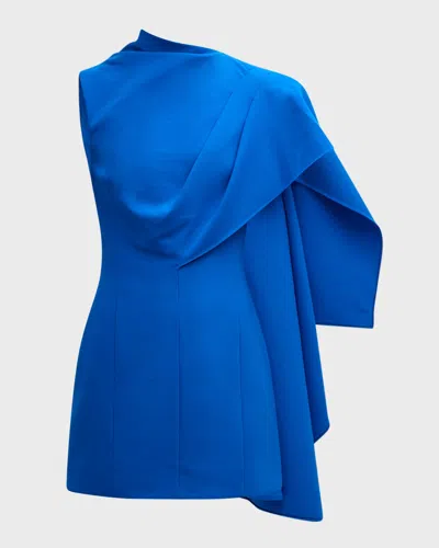 Oscar De La Renta One Shoulder Cape Detail Stretch Wool Mini Dress In Lapis
