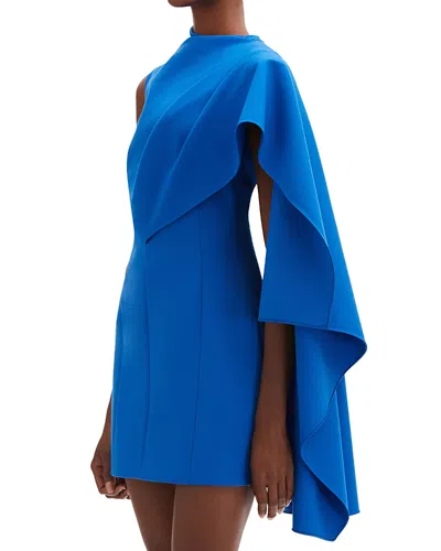 Oscar De La Renta One Shoulder Cape Detail Stretch Wool Mini Dress In Lapis