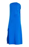 Oscar De La Renta One Shoulder Orchid Jewel Button Detail  Draped Caft In Blue