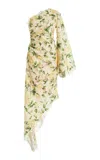 Oscar De La Renta One Shoulder Printed Rose Garden Guipure Gown In Yellow